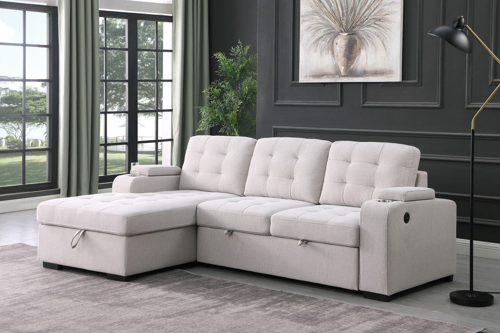 Lennox Sectional Sleeper with Storage & USB - Beige