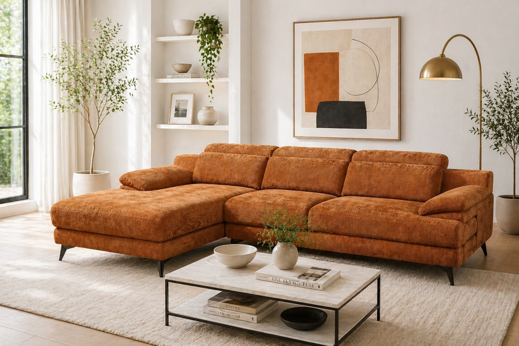 Low-profile sectional sofa in burnt orange