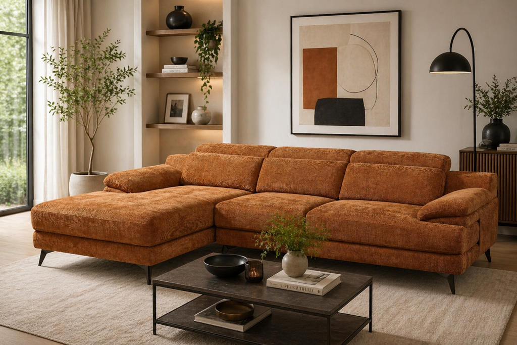 Low-profile sectional sofa in burnt orange