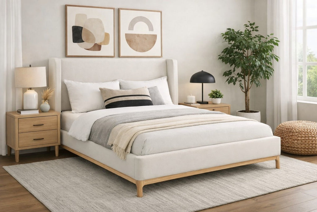 Wingback Upholstered Platform Bed - Beige
