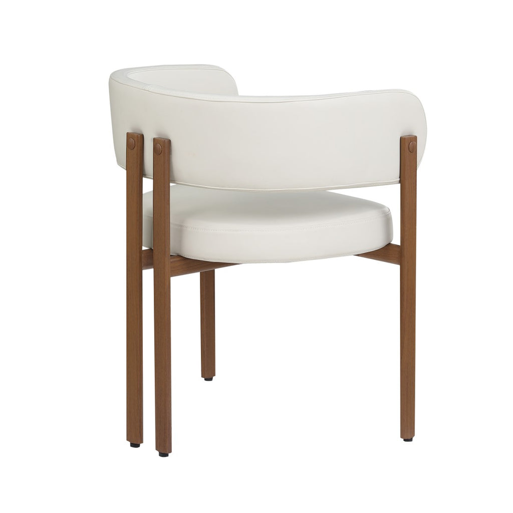 Curved-back dining chairs in cream and walnut
