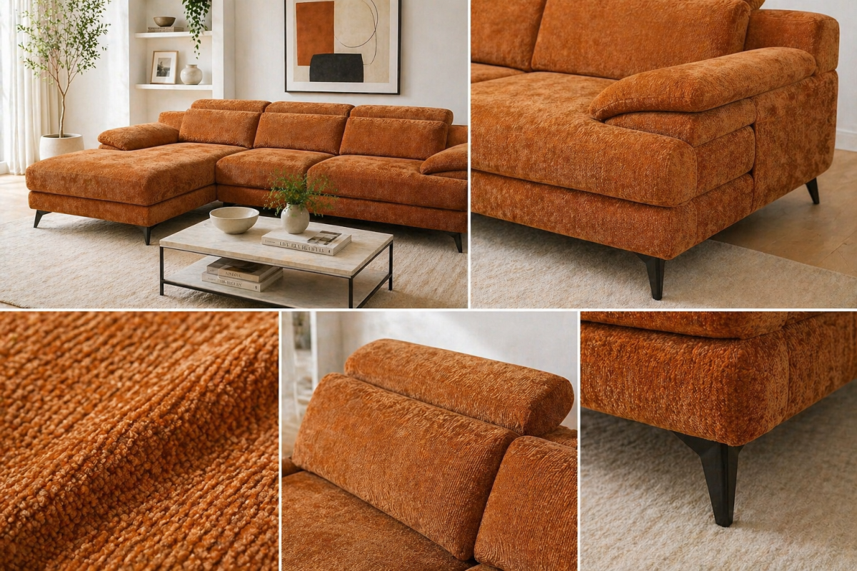 Low-profile sectional sofa in burnt orange