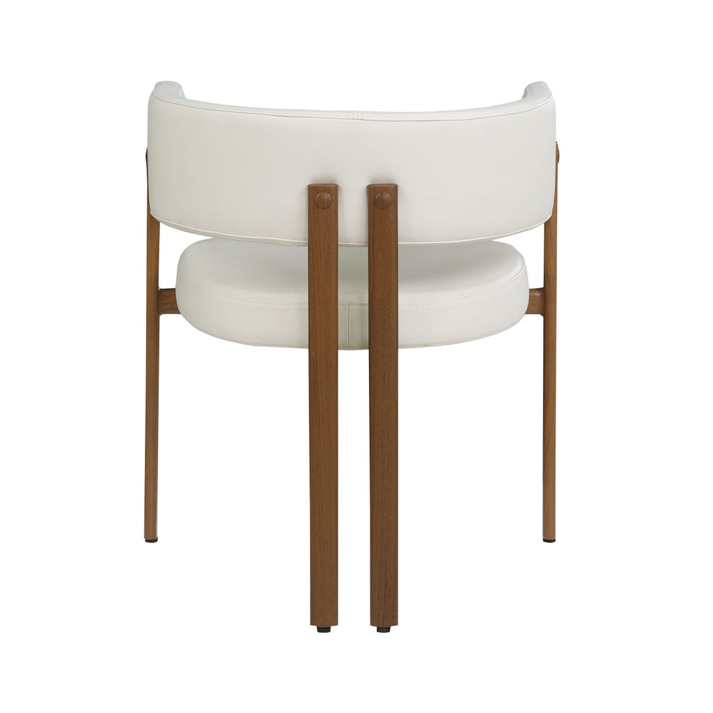 Curved-back dining chairs in cream and walnut
