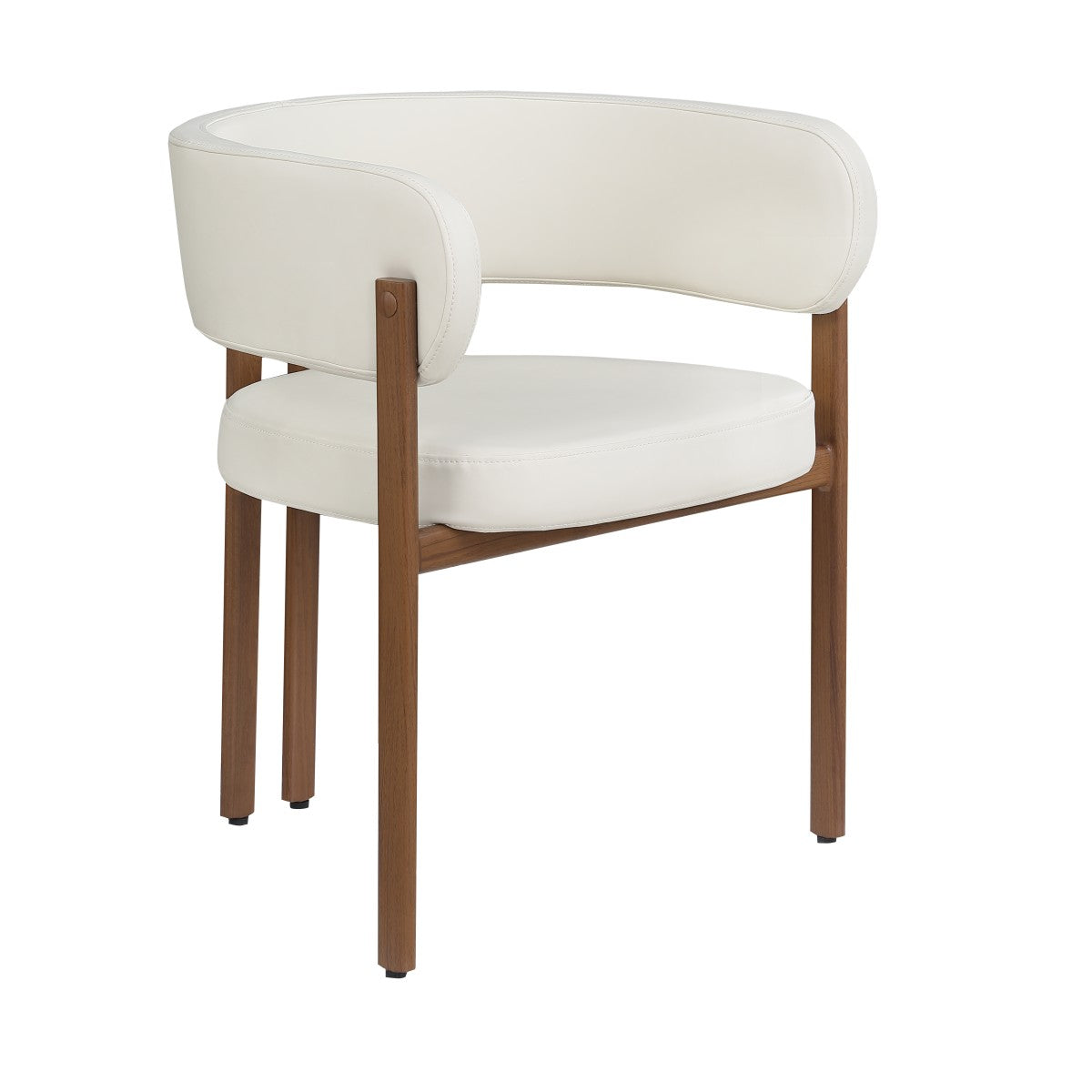 Curved-back dining chairs in cream and walnut