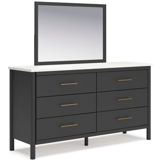 Cadmori 6 Drawer Dresser in Matte Black Finish with Replicated Marble Top and Mirror