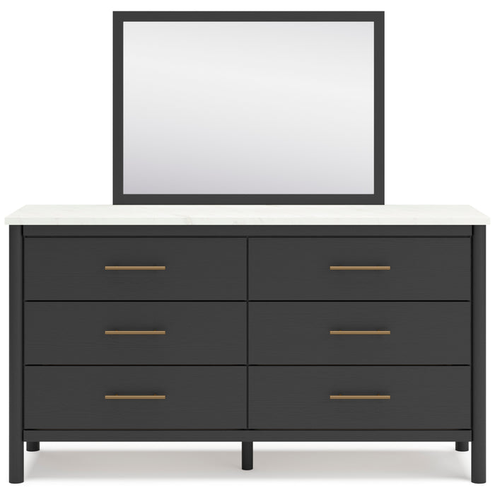 Cadmori 6 Drawer Dresser in Matte Black Finish with Replicated Marble Top and Mirror