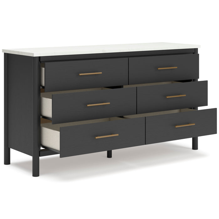 Cadmori 6 Drawer Dresser in Matte Black Finish with Replicated Marble Top and Mirror