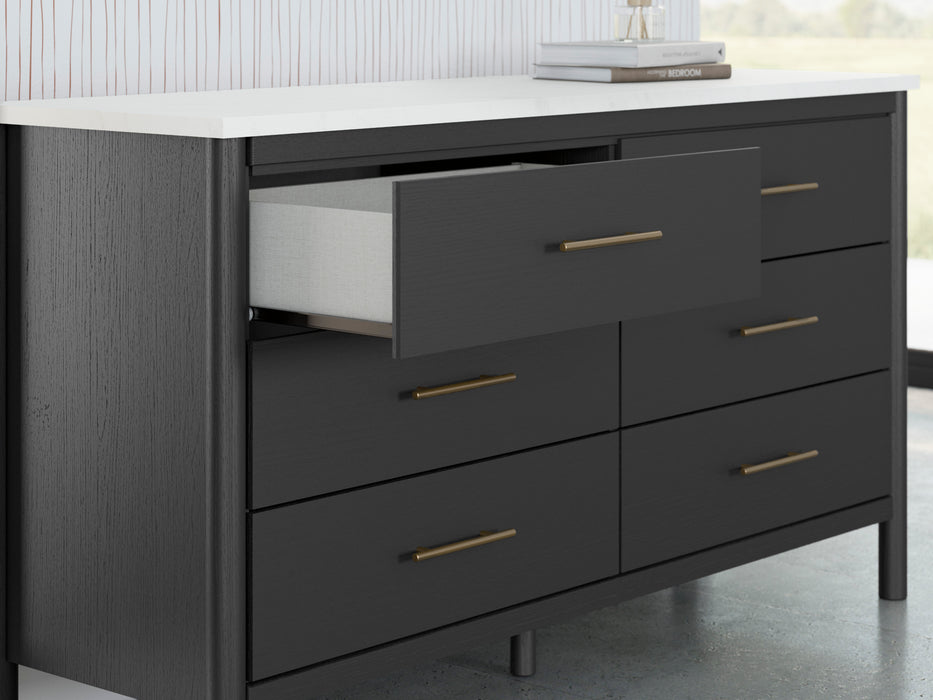 Cadmori 6 Drawer Dresser in Matte Black Finish with Replicated Marble Top and Mirror