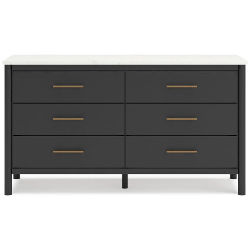 Cadmori 6 Drawer Dresser in Matte Black Finish with Replicated Marble Top and Mirror