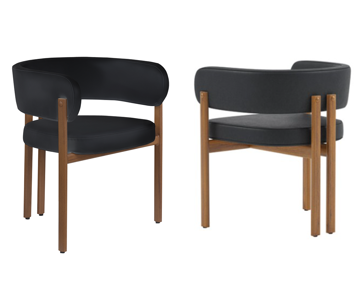 Curved-back dining chairs in black and walnut