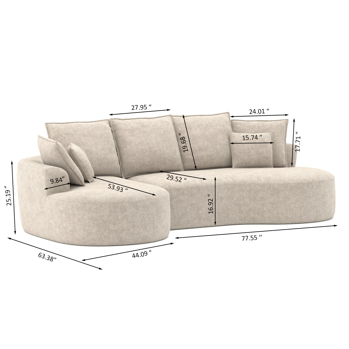 Curved sectional sofa in a box in beige