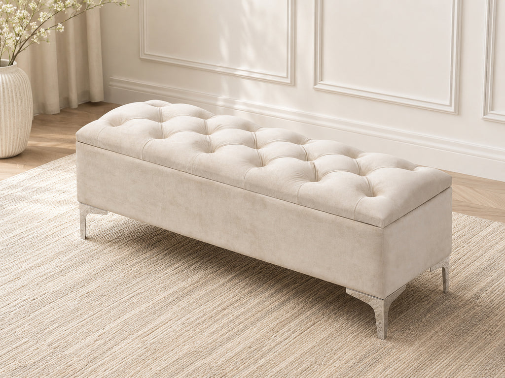 Creme Velvet Button-Tufted Storage Bench
