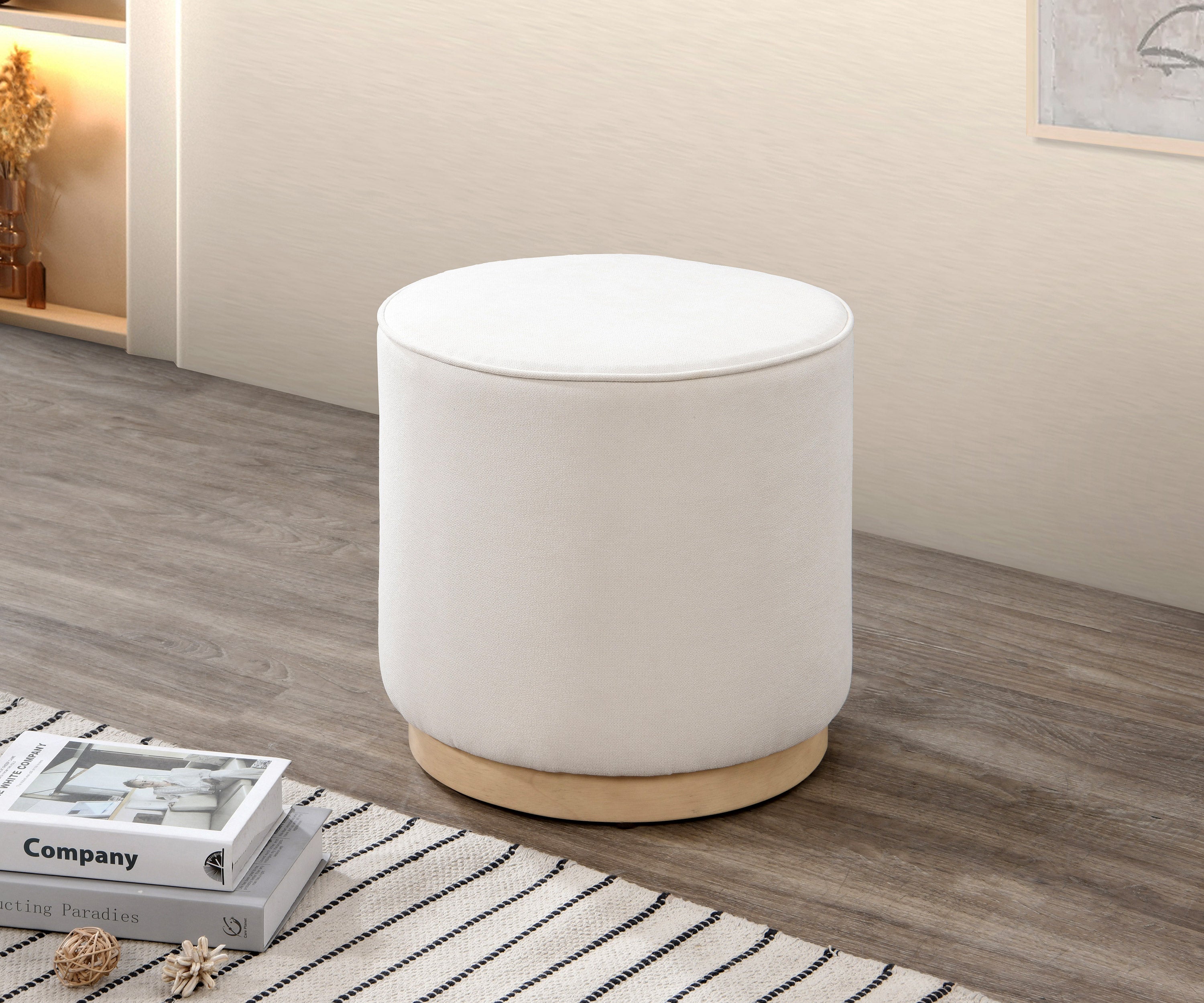 Cream Fabric Round Ottoman with Wood Base