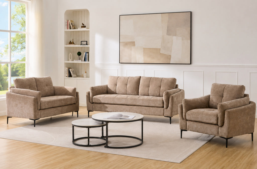 Channel-Tufted Sofa Set with Black Metal Legs