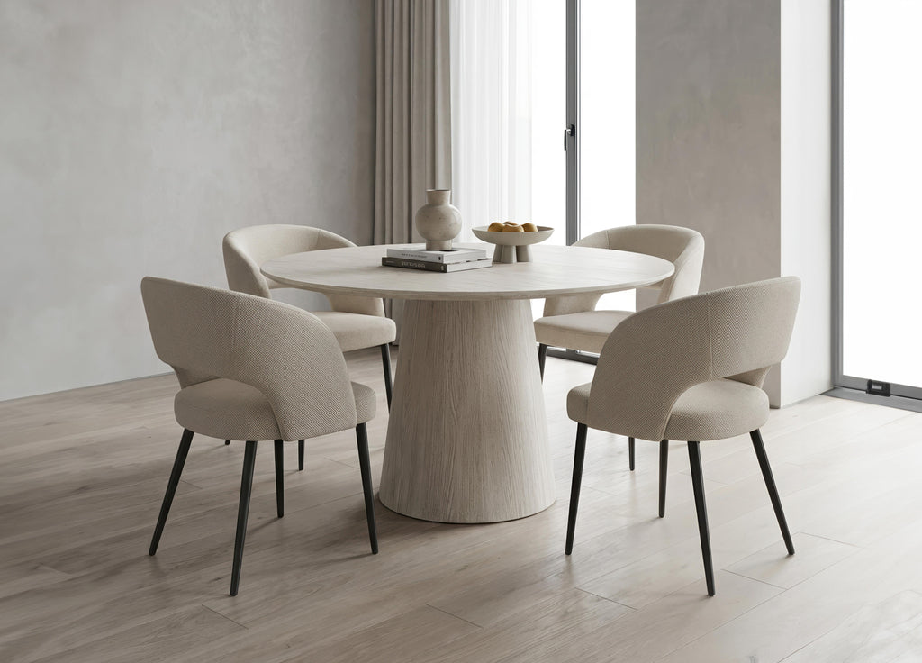 5-Piece Travertine-Look Round Dining Set - Cream