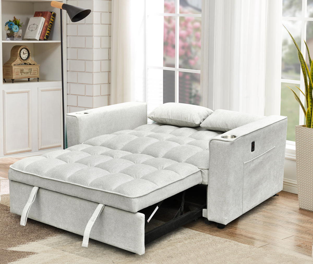 Silver Grey Convertible Sofa Bed with USB & Cup Holders