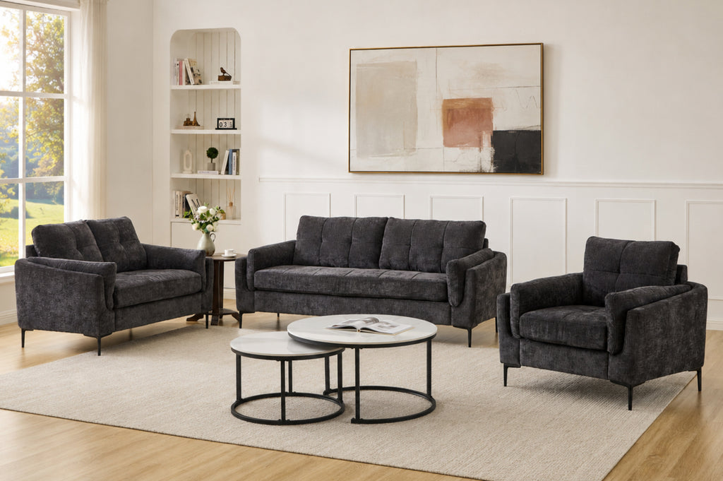 Channel-Tufted Sofa Set with Black Metal Legs
