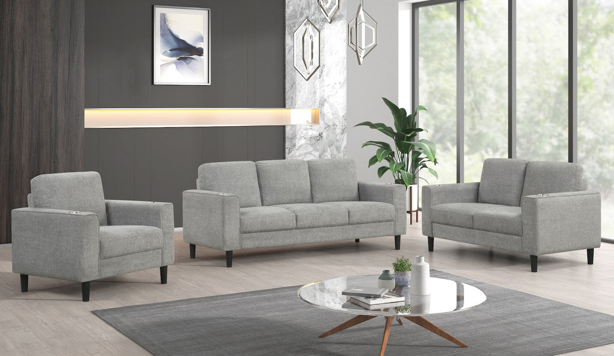 Modern Track-Arm Sofa Set with Cup Holders