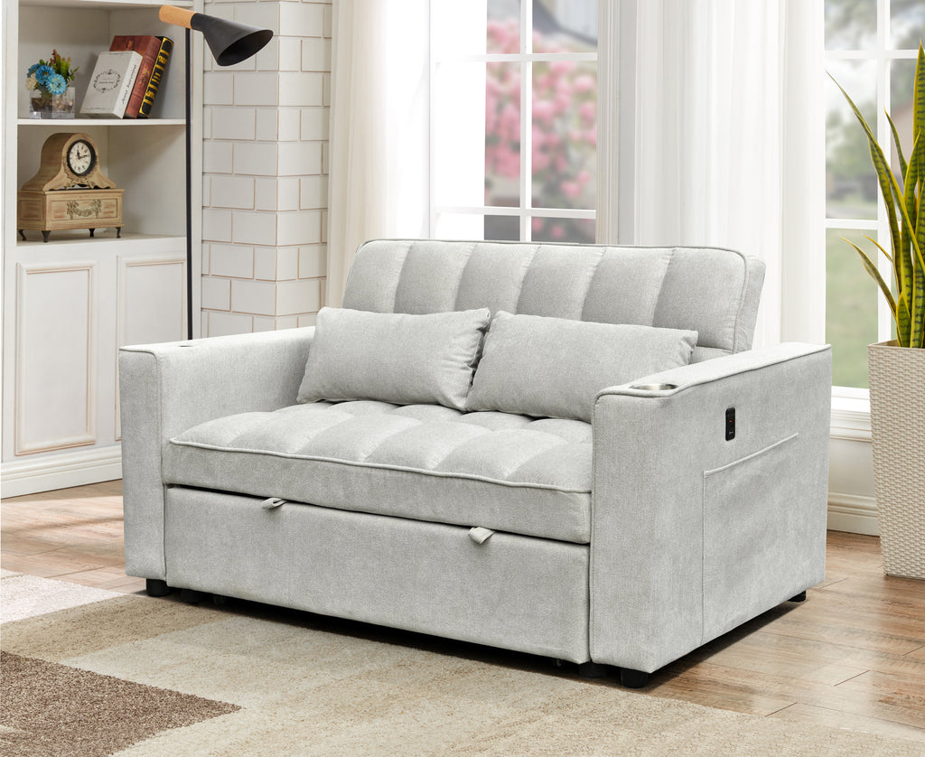 Silver Grey Convertible Sofa Bed with USB & Cup Holders