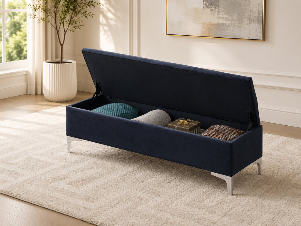 Black Velvet Button-Tufted Storage Bench - image 2