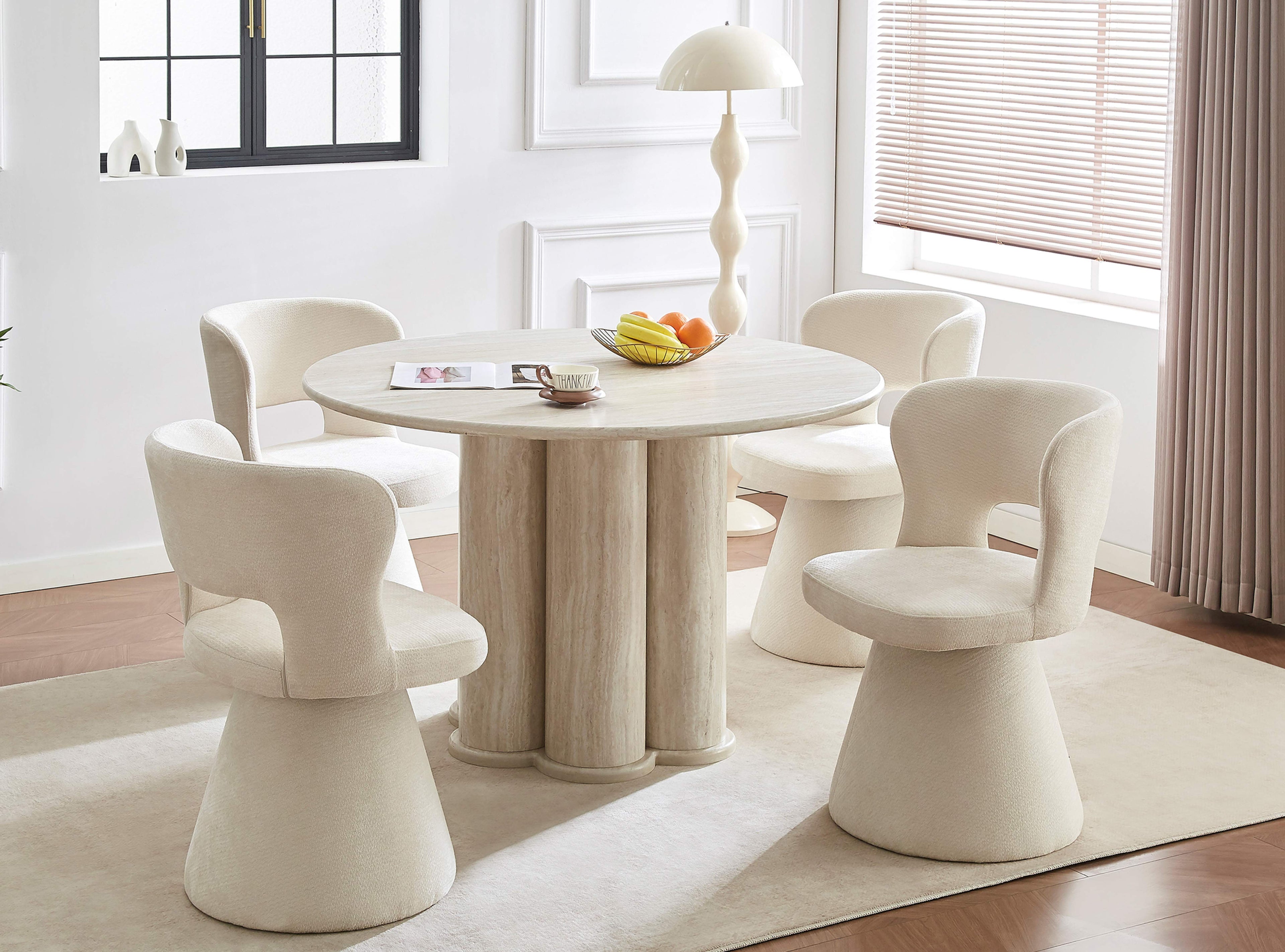 5-Piece Travertine-Look Round Dining Set with Swivel Chairs
