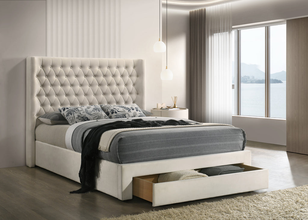 Warm Ivory Velvet Storage Platform Bed