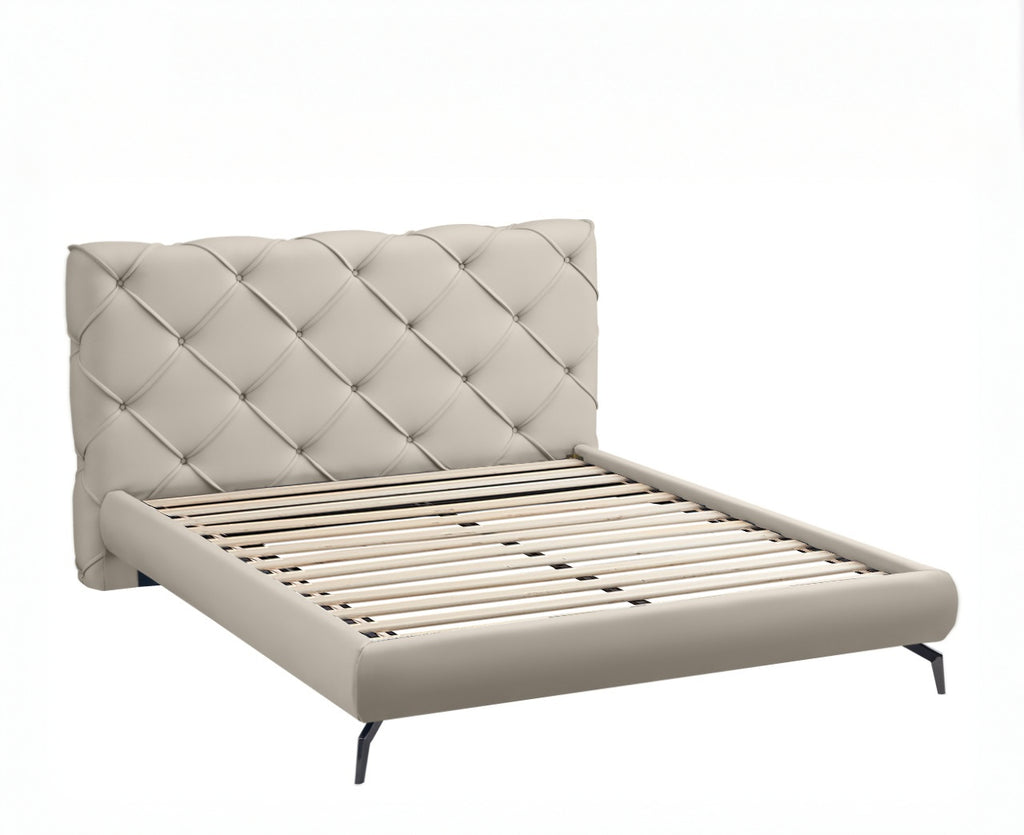 Cream PU Diamond-Stitch Platform Bed - image 2