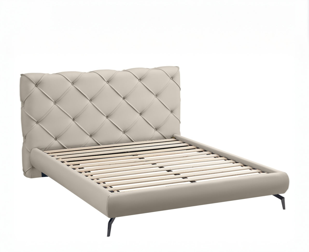 Cream PU Diamond-Stitch Platform Bed - image 2