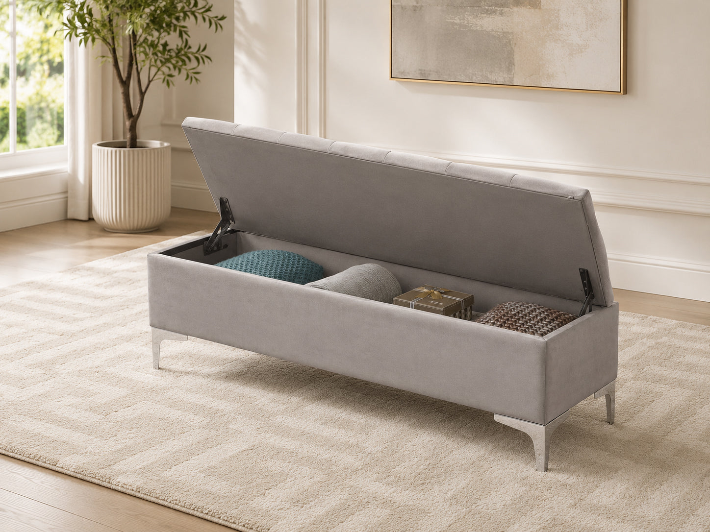Grey Velvet Button-Tufted Storage Bench - image 2
