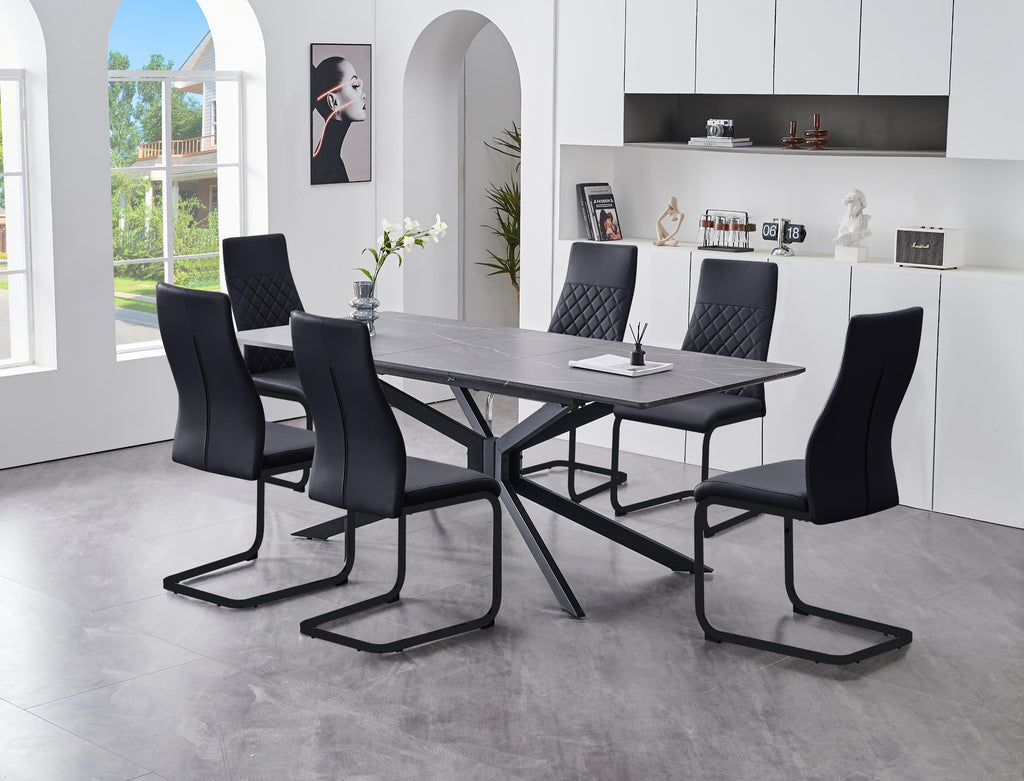 7-Piece Grey Marble-Look Extendable Dining Set - Black PU