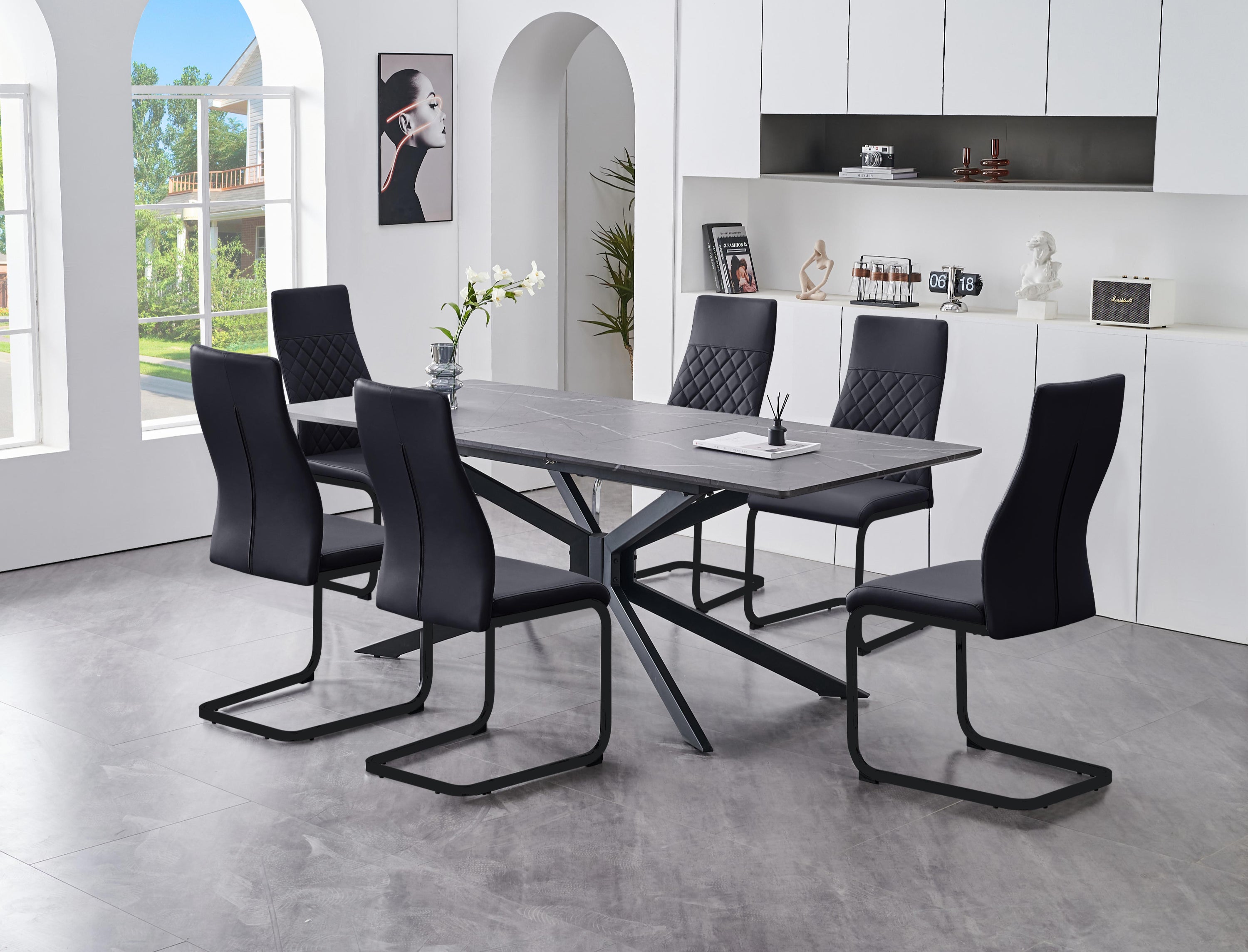 7-Piece Grey Marble-Look Extendable Dining Set - Black PU