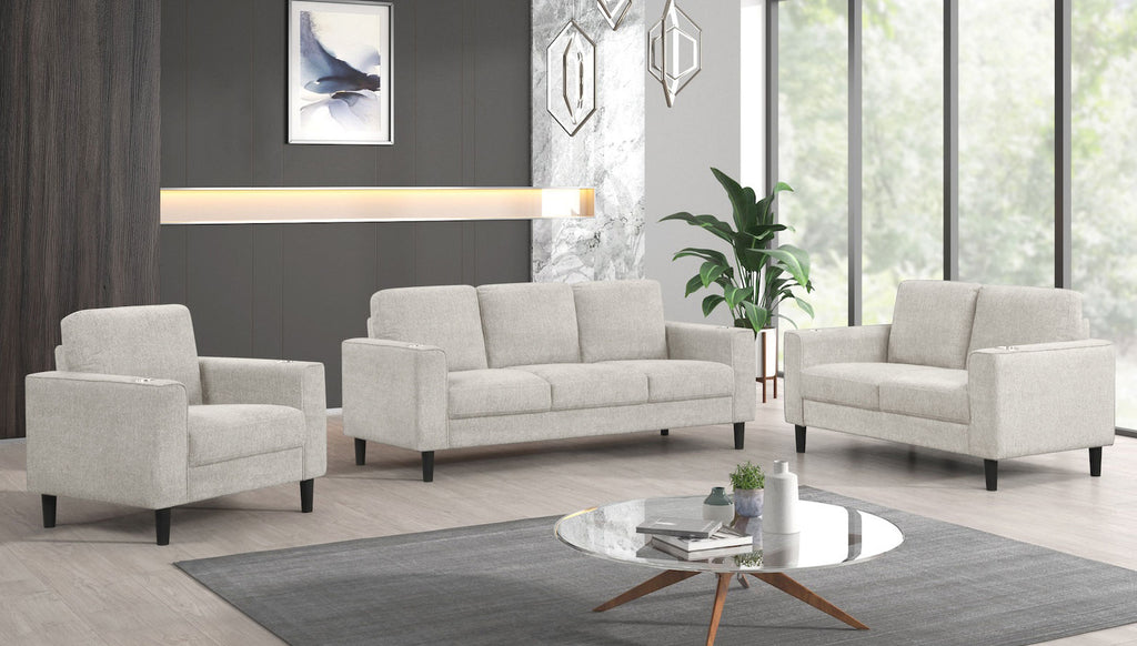 Beige 3-Piece Sofa Set with Cup Holders