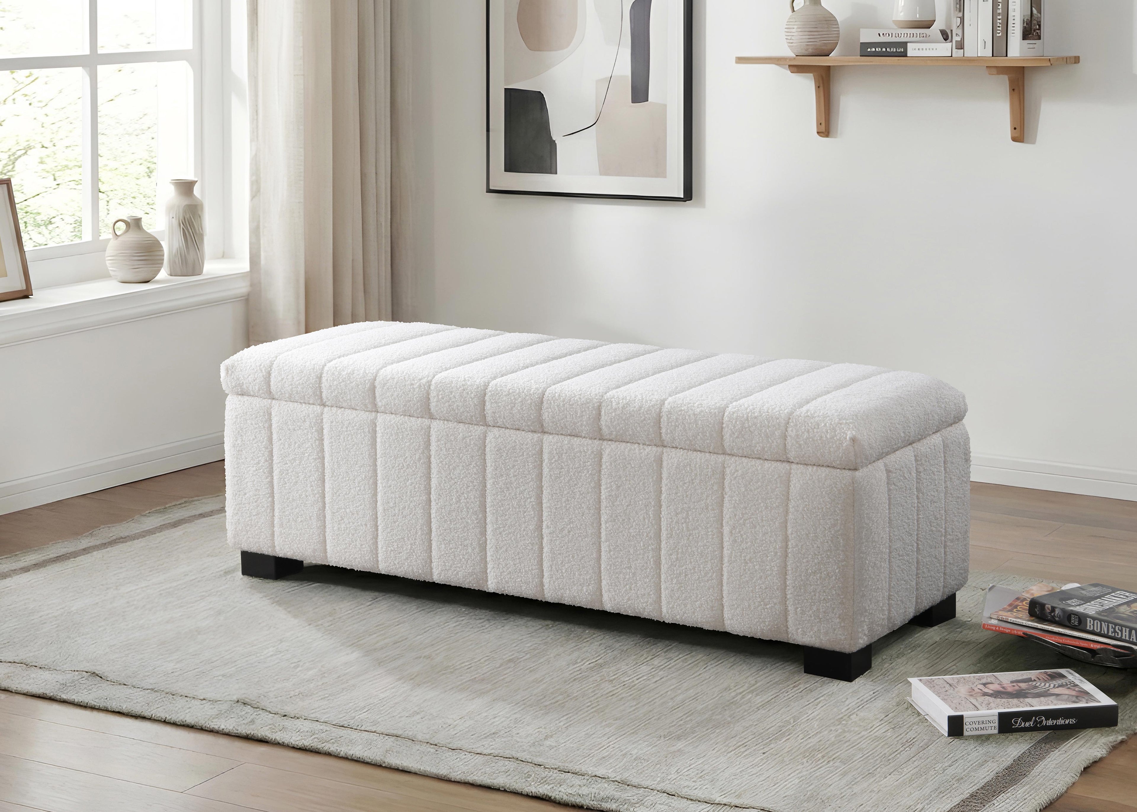 White Teddy Fabric Lift-Top Storage Bench