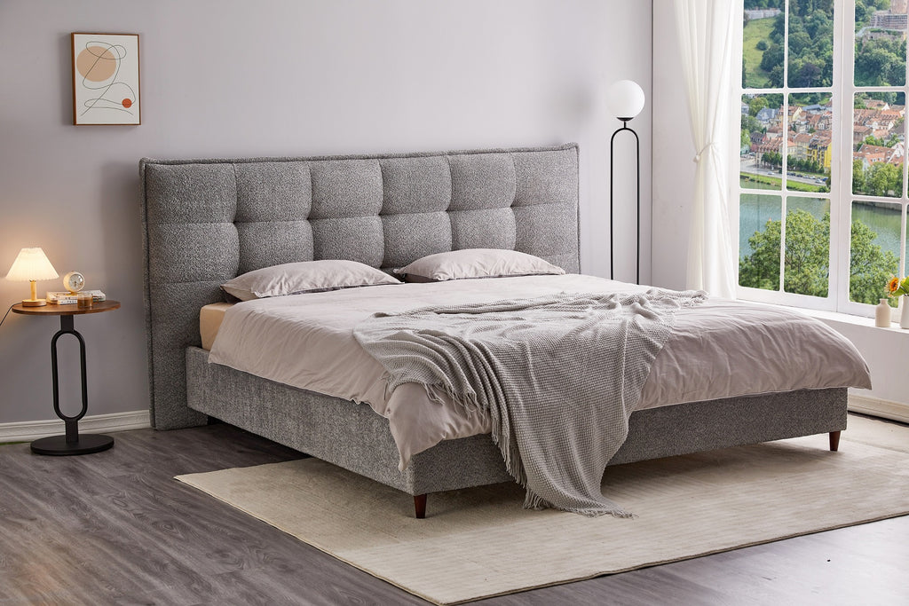 Grey Boucle Modern Platform Bed
