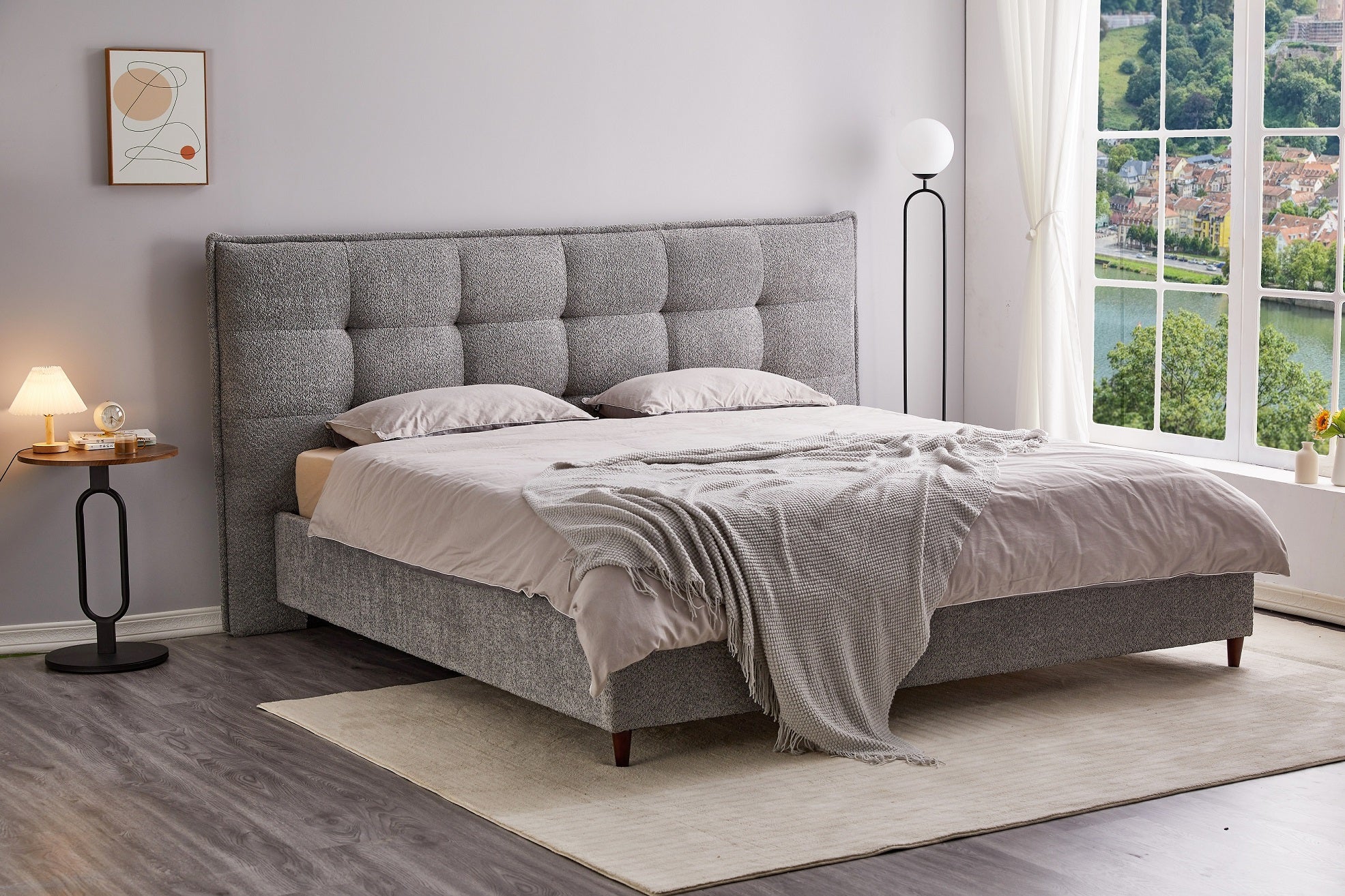 Grey Boucle Modern Platform Bed