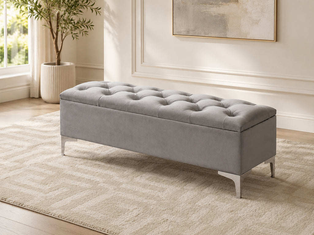 Grey Velvet Button-Tufted Storage Bench
