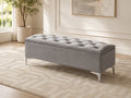 Grey Velvet Button-Tufted Storage Bench