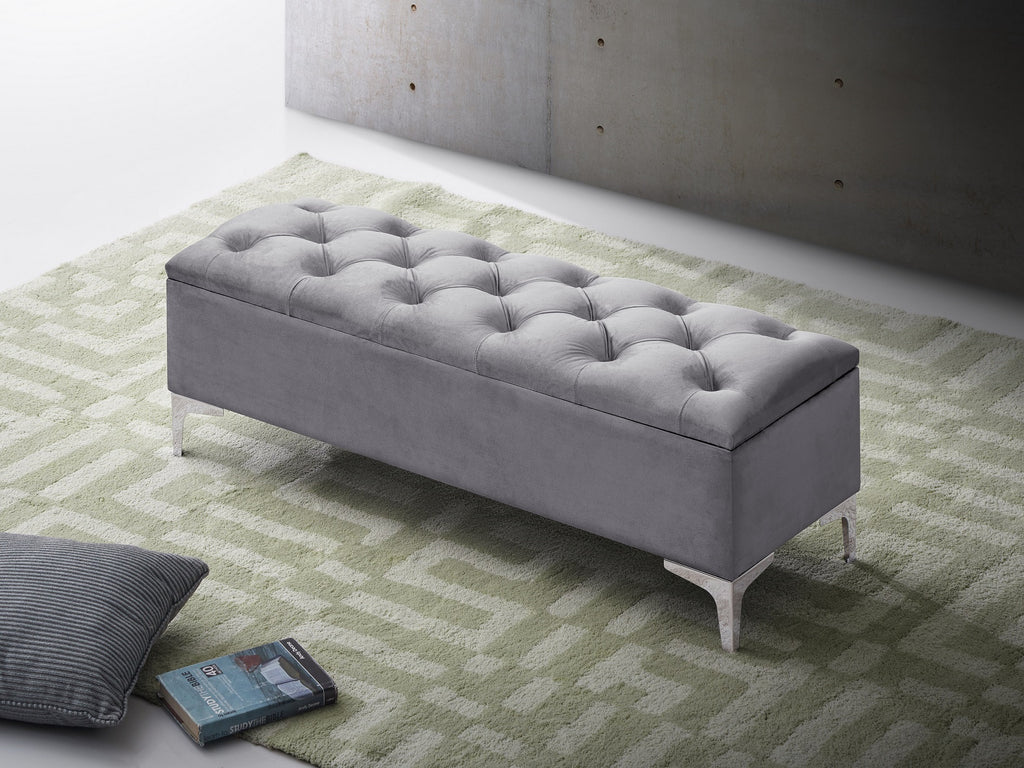 Grey Velvet Button-Tufted Storage Bench - image 3