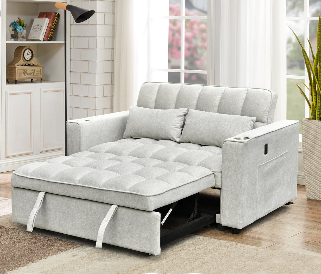 Silver Grey Convertible Sofa Bed with USB & Cup Holders