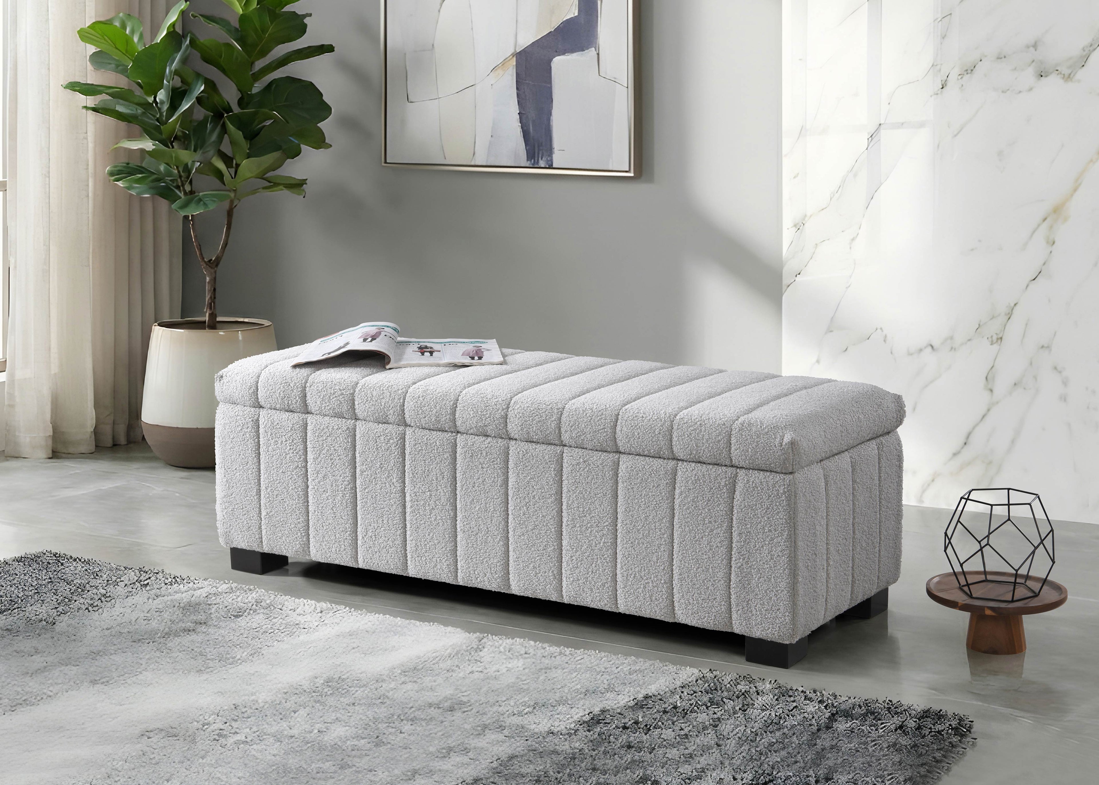 Grey Teddy Fabric Lift-Top Storage Bench