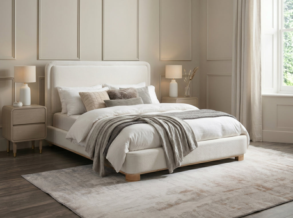 Warm Ivory Upholstered Wood-Accent Platform Bed