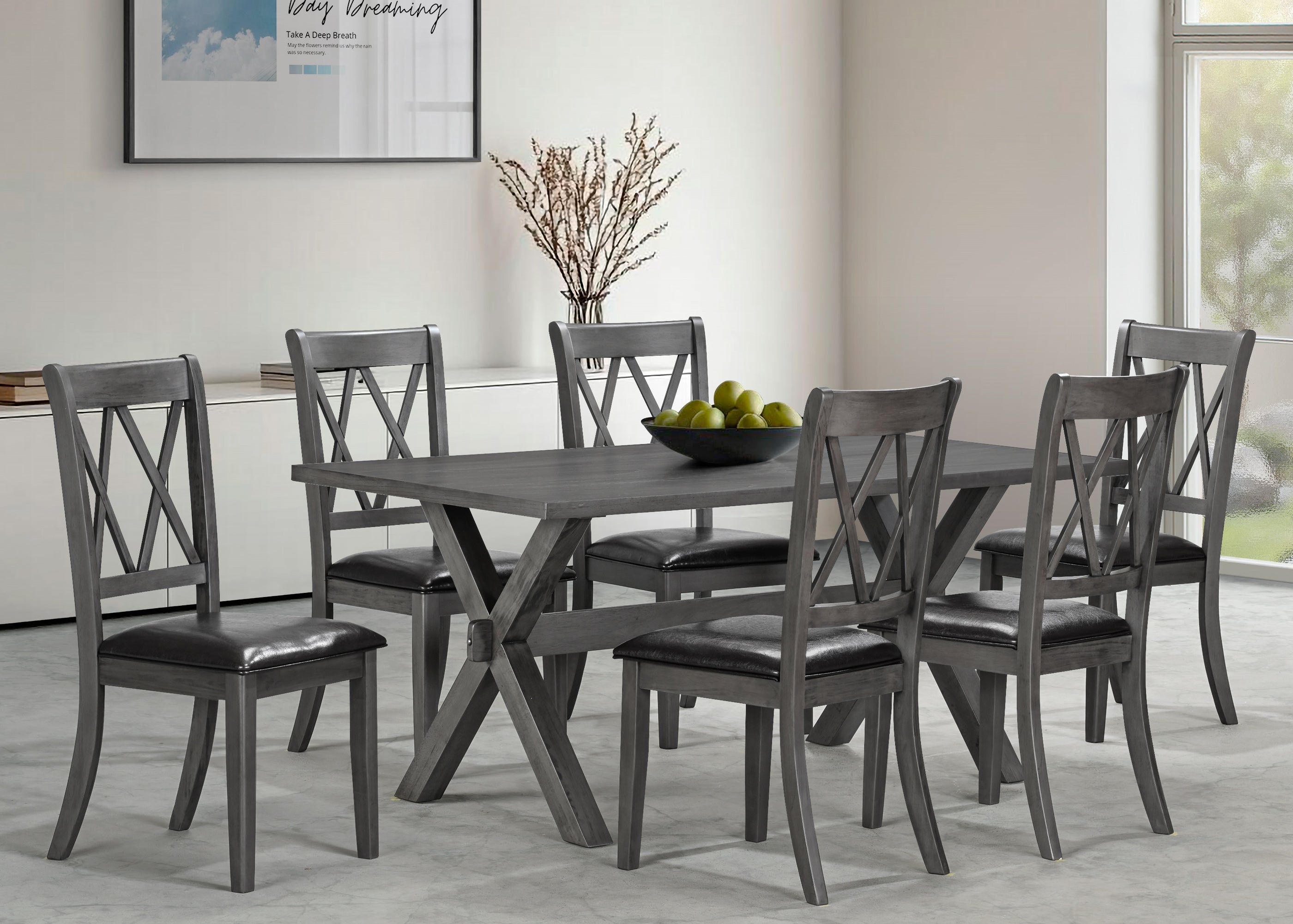 7-Piece Antique Grey Dining Set - Black PU