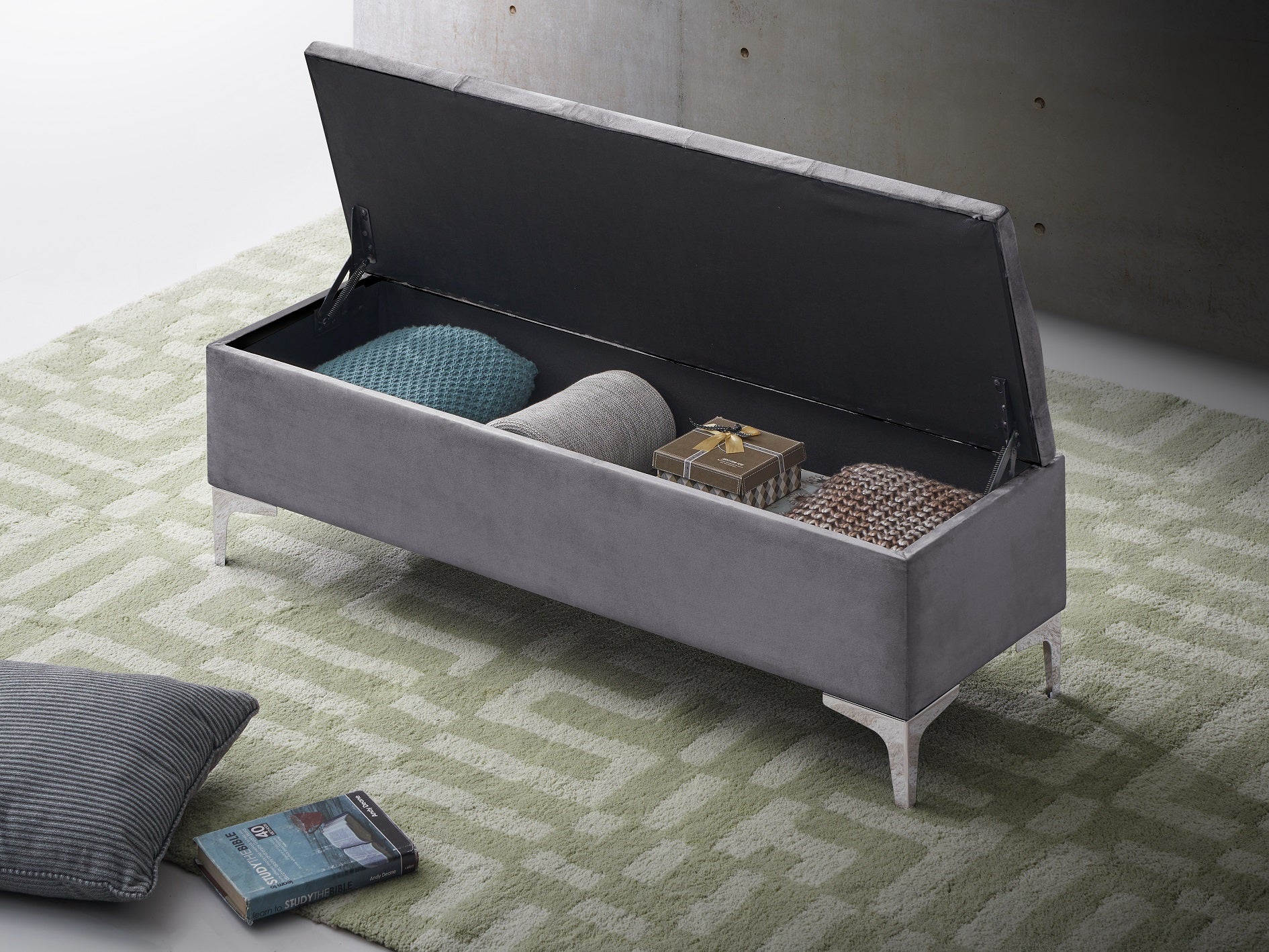 Grey Velvet Button-Tufted Storage Bench - image 4