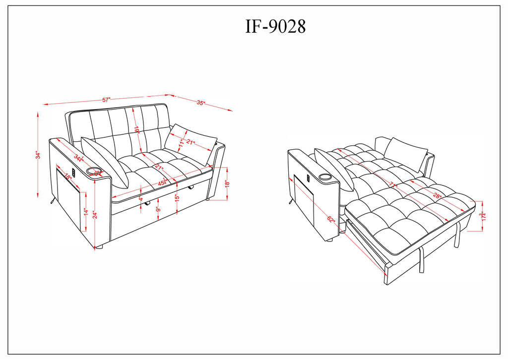Silver Grey Convertible Sofa Bed with USB & Cup Holders