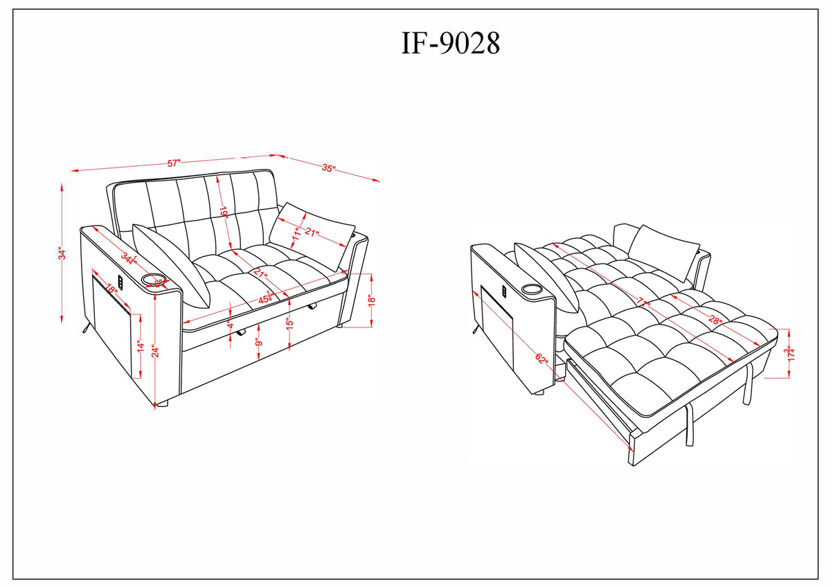 Silver Grey Convertible Sofa Bed with USB & Cup Holders