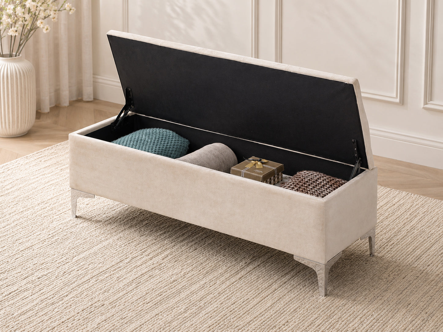 Creme Velvet Button-Tufted Storage Bench - image 2