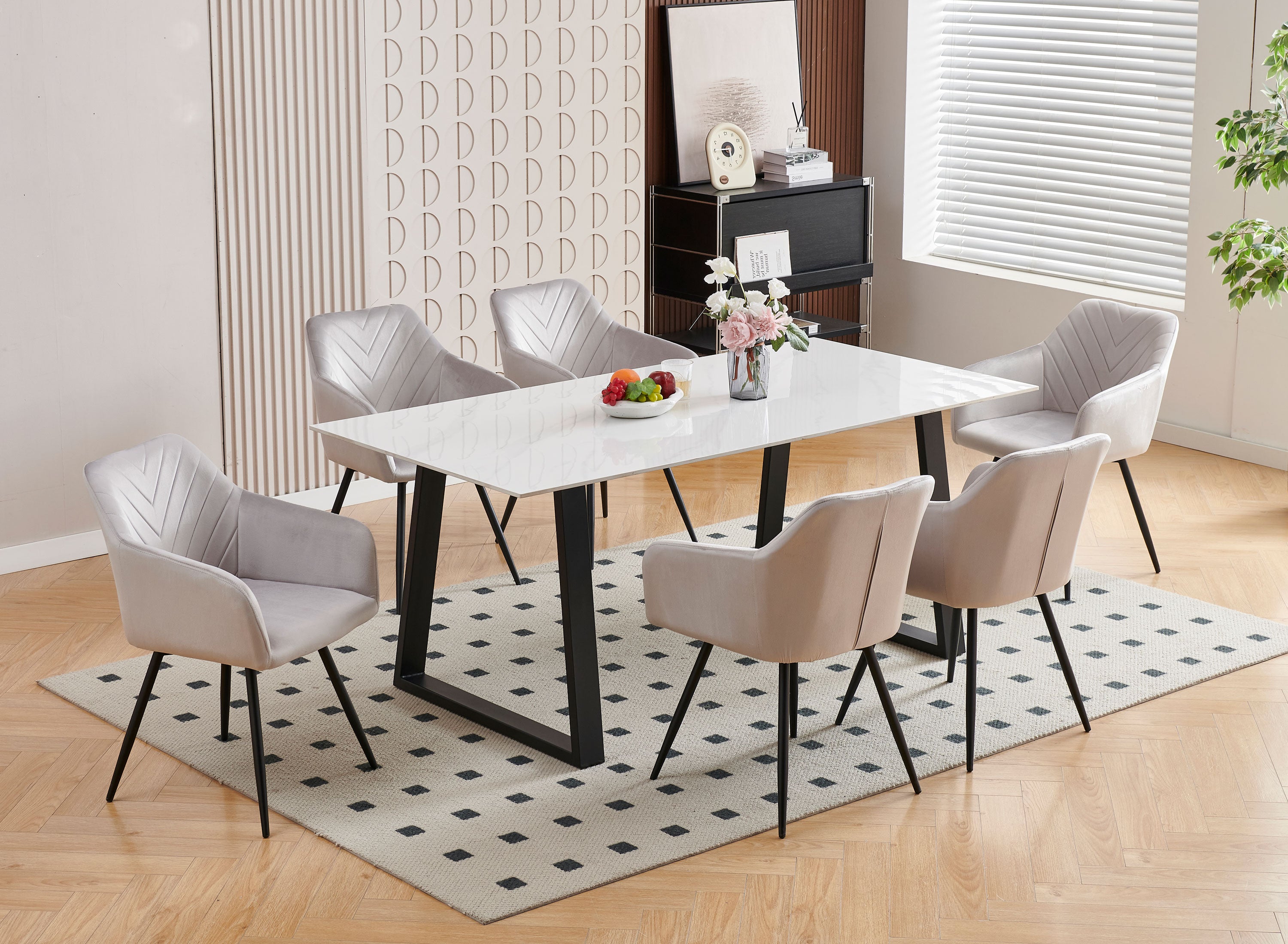 7-Piece White Sintered-Stone Dining Set - Light Grey Velvet