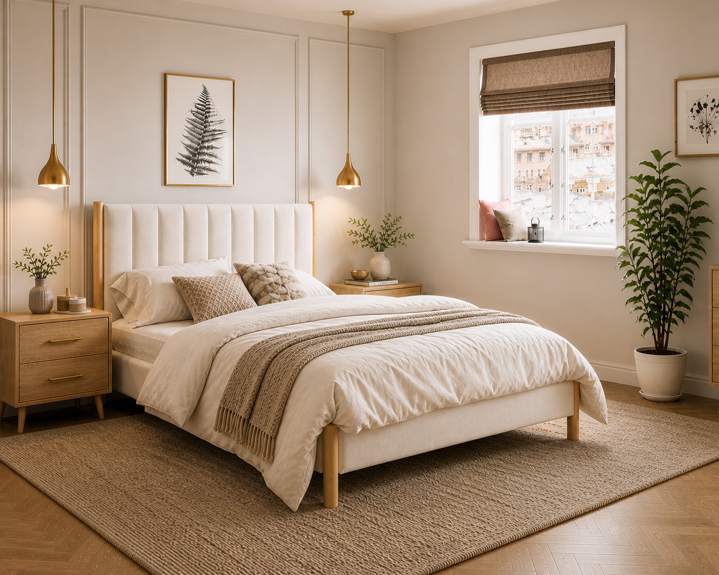 Natural Oak Cream Channel-Tufted Platform Bed