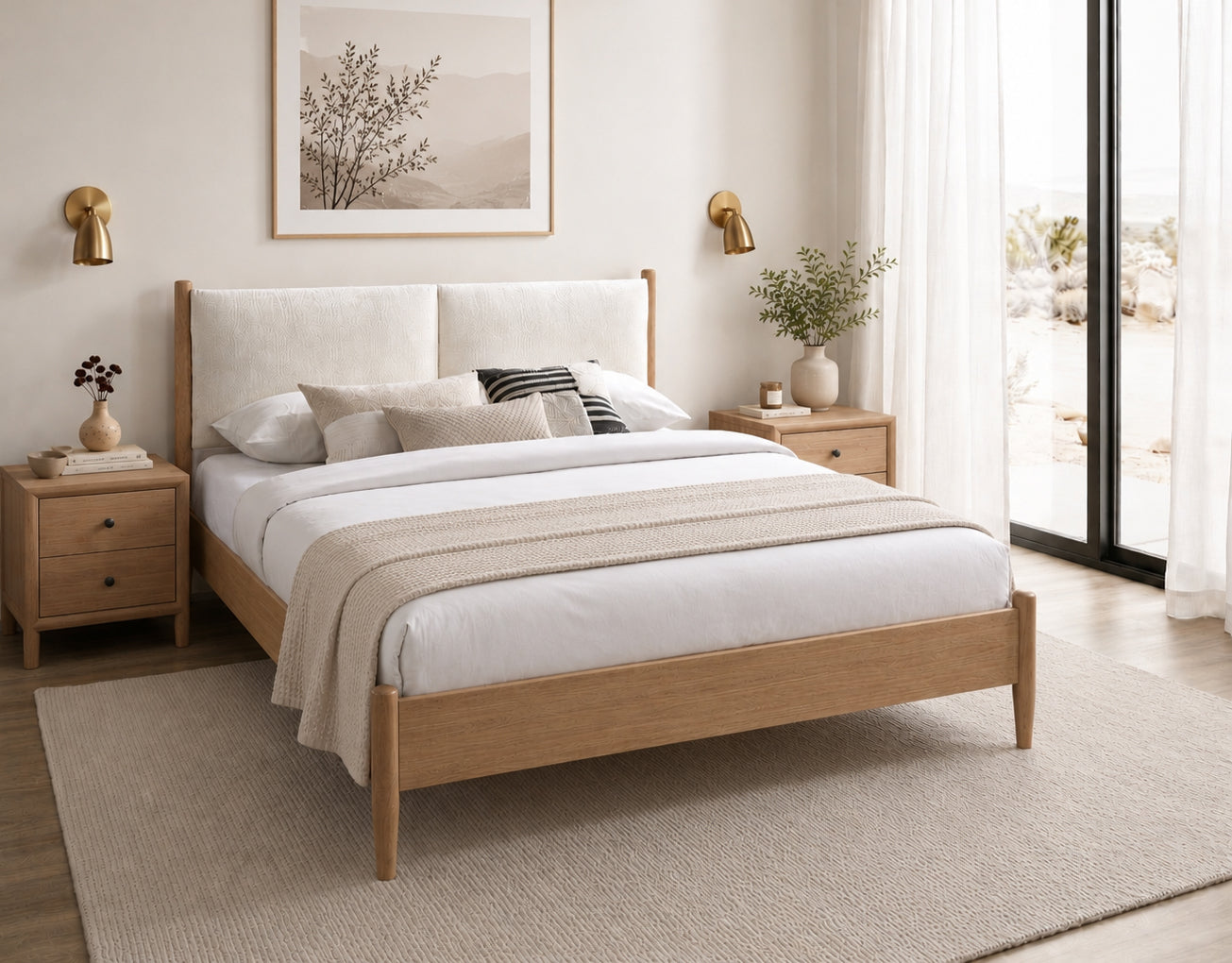 Natural Oak Upholstered Platform Bed