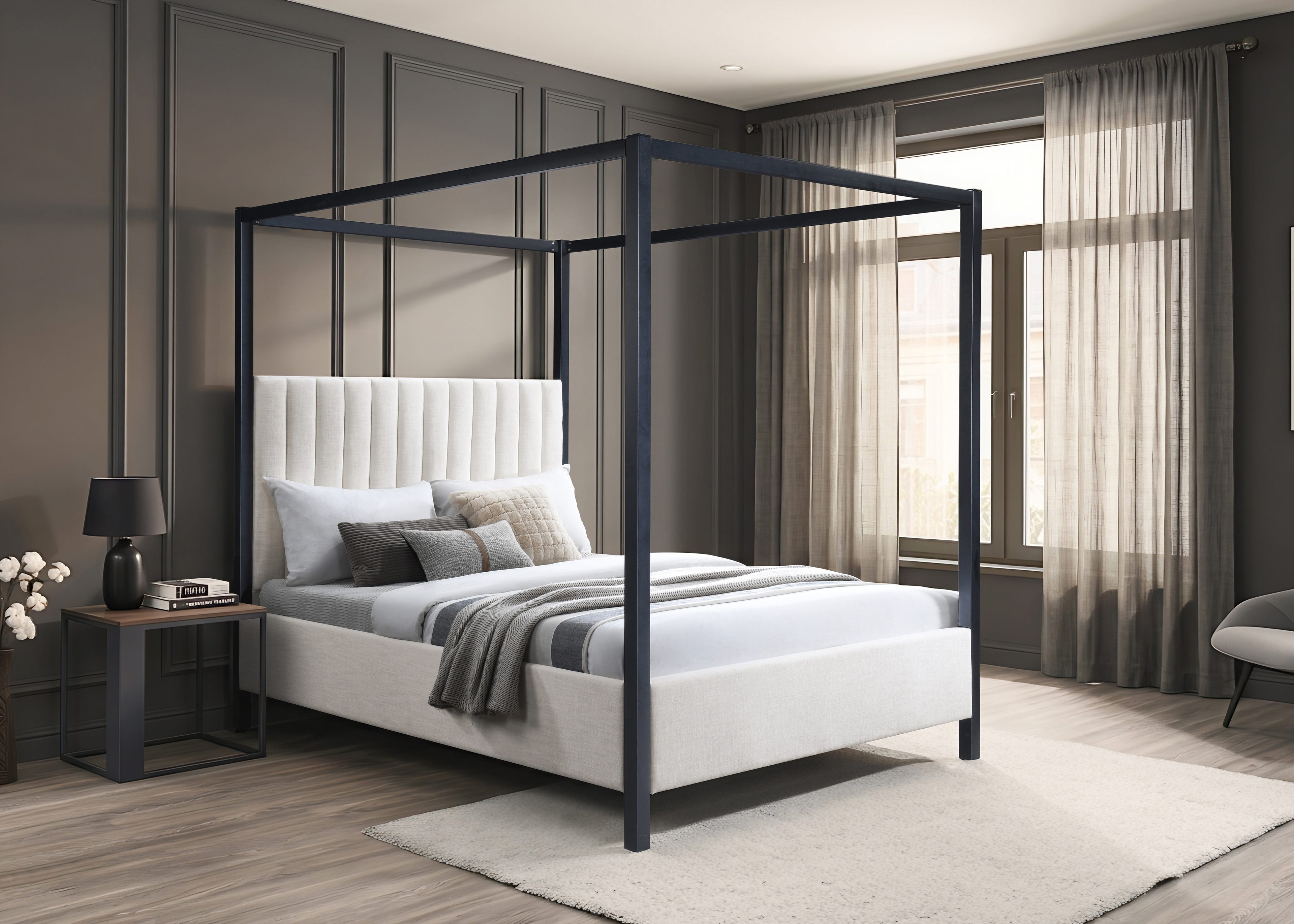 Beige Upholstered Modern Canopy Platform Bed